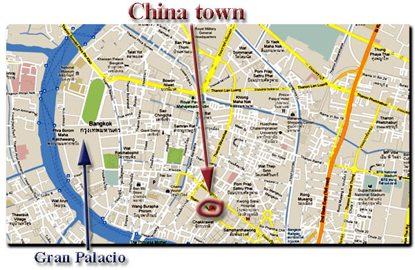 mapa localizando Chinatown de Bangkok