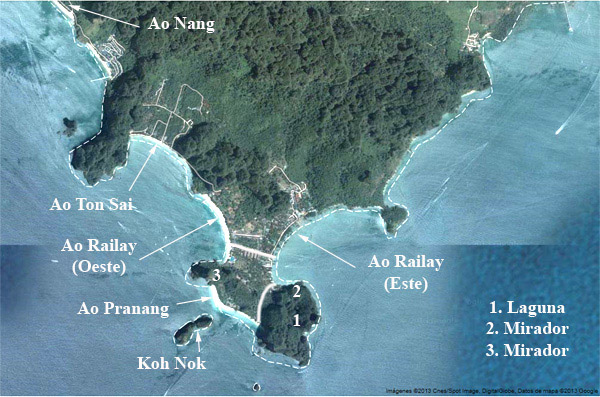mapa con las playas de Railay